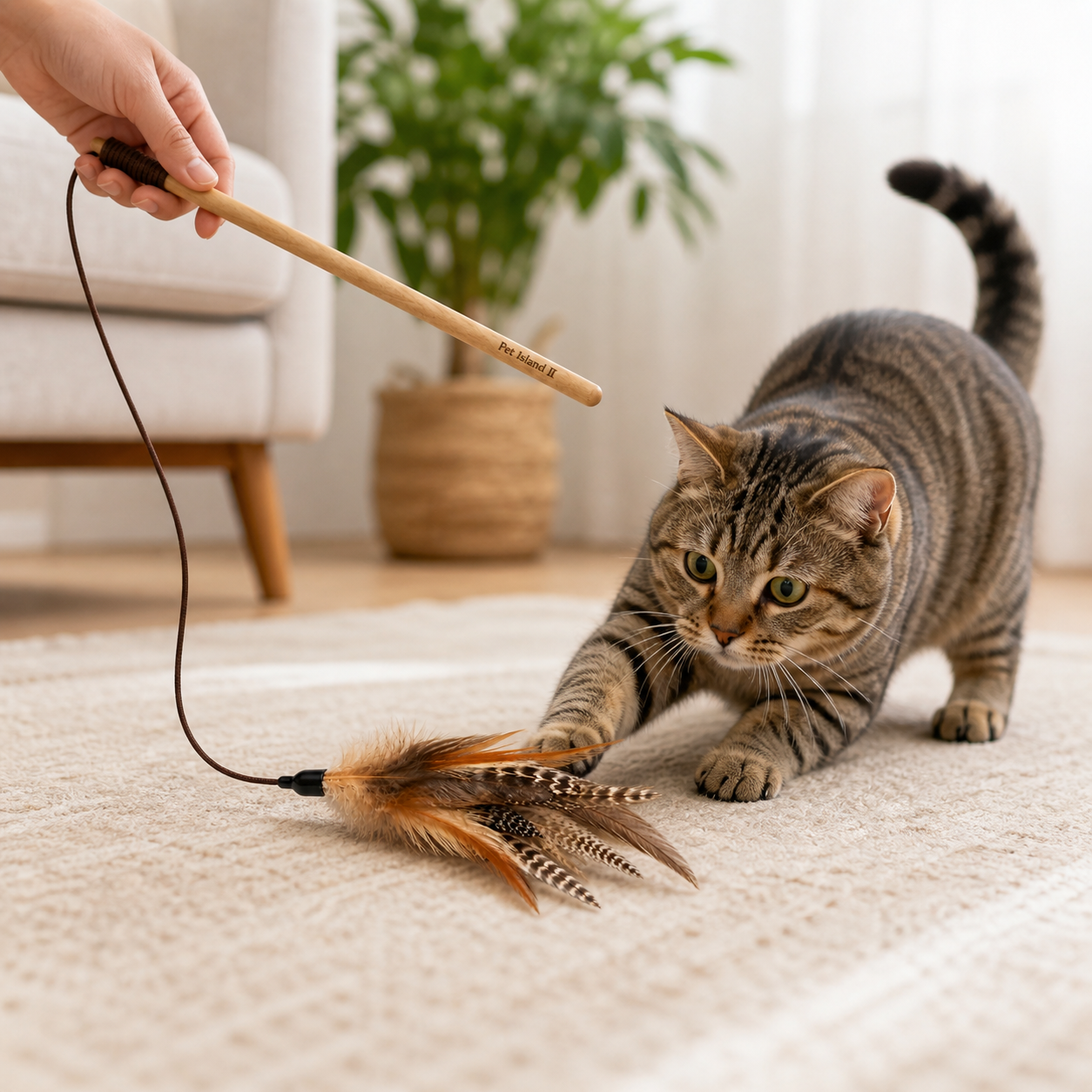 Interactive Cat Feather Wand Toy | Natural Feather Teaser Stick | Indoor Play Exercise Toy | Pet Island II - Image 5