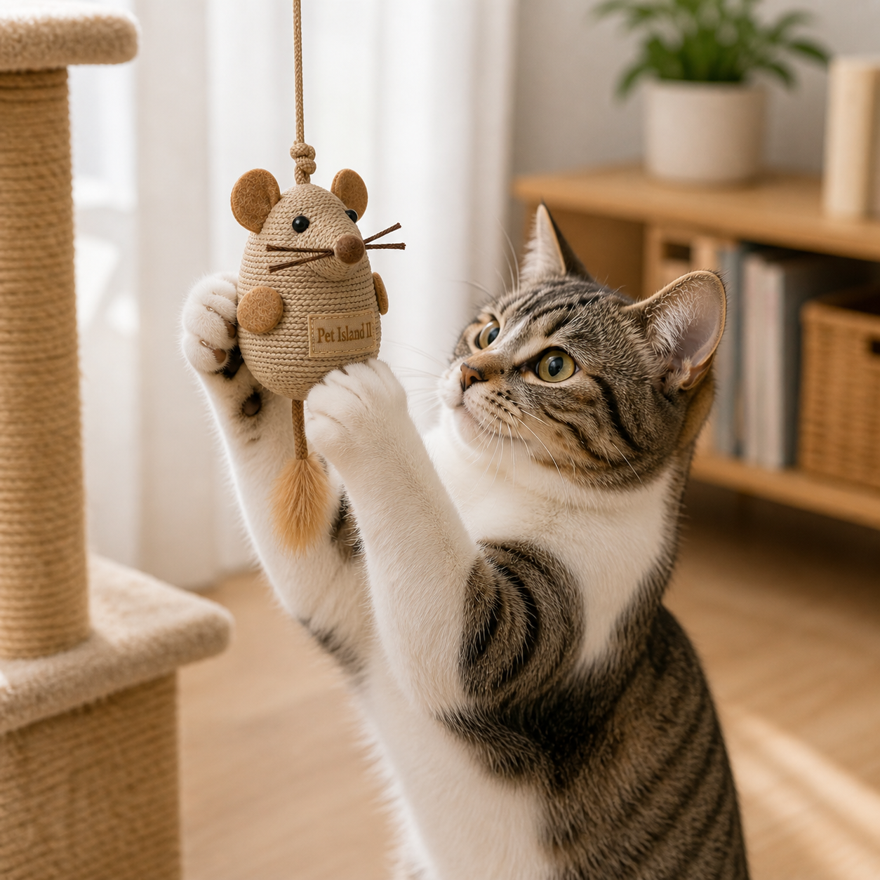Hanging Mouse Cat Toy with Rope & Feather Tail | Interactive Hanging Cat Toy | Natural Texture Play Toy | Pet Island II - Image 5